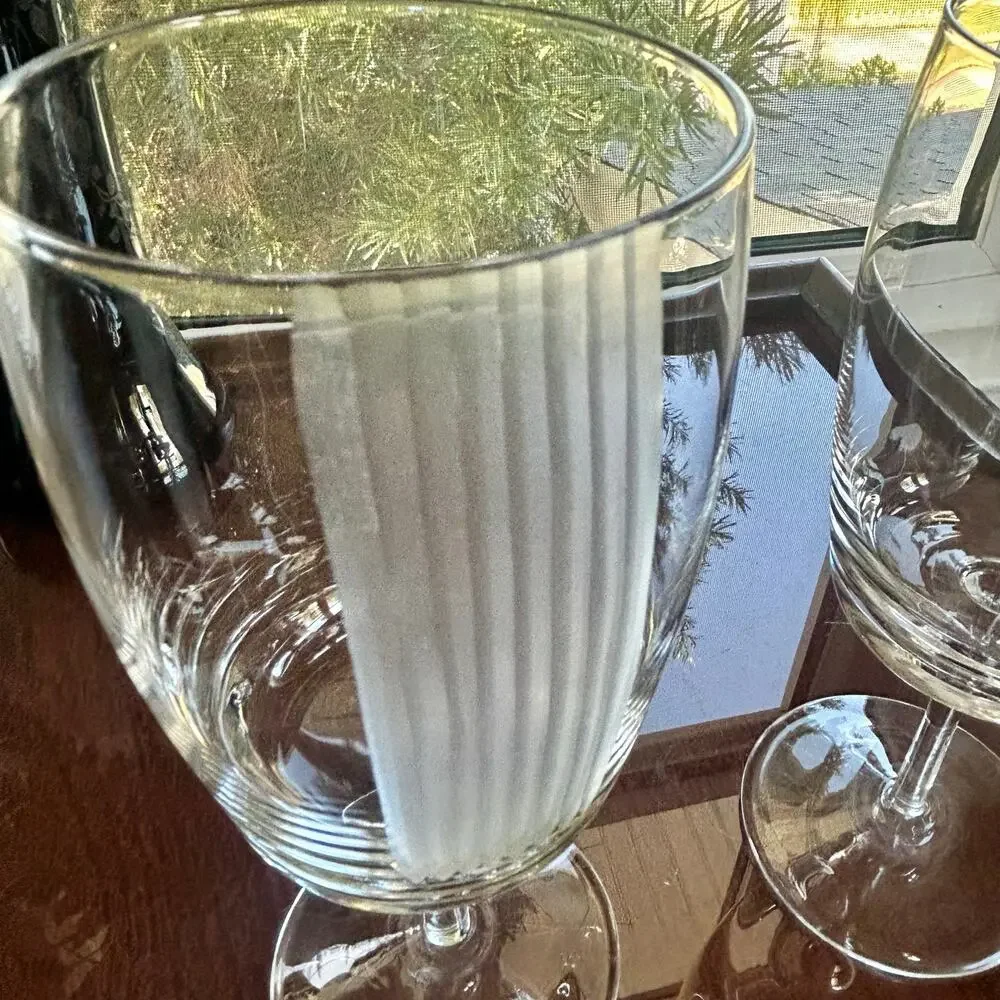 Pair of Vintage Stemmed Water Goblets with Vertical Frosted Stripes – 8” Tall